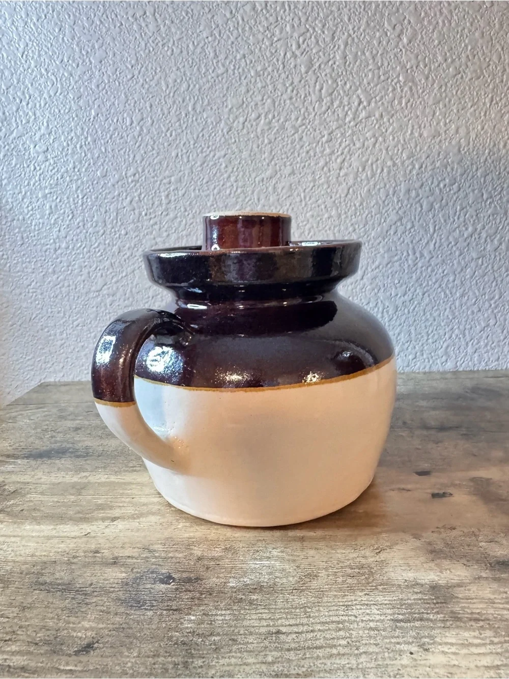 Brown & Cream Stoneware Crock Jar with Lid